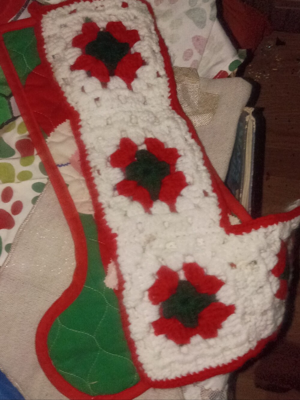 Handmade Red, Green and White Crochet Holiday Stocking/ Granny Square